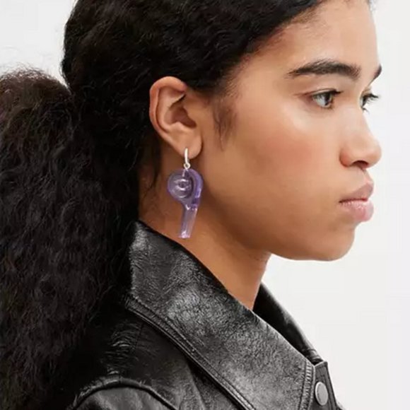 Coach Heart Lollipop And Whistle Mismatch Earrings Purple NWT - Picture 3 of 7